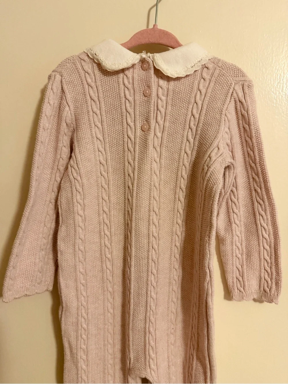 Janie and Jack Classic Cable Knit Pink One-Piece with Peter Pan Collar like new